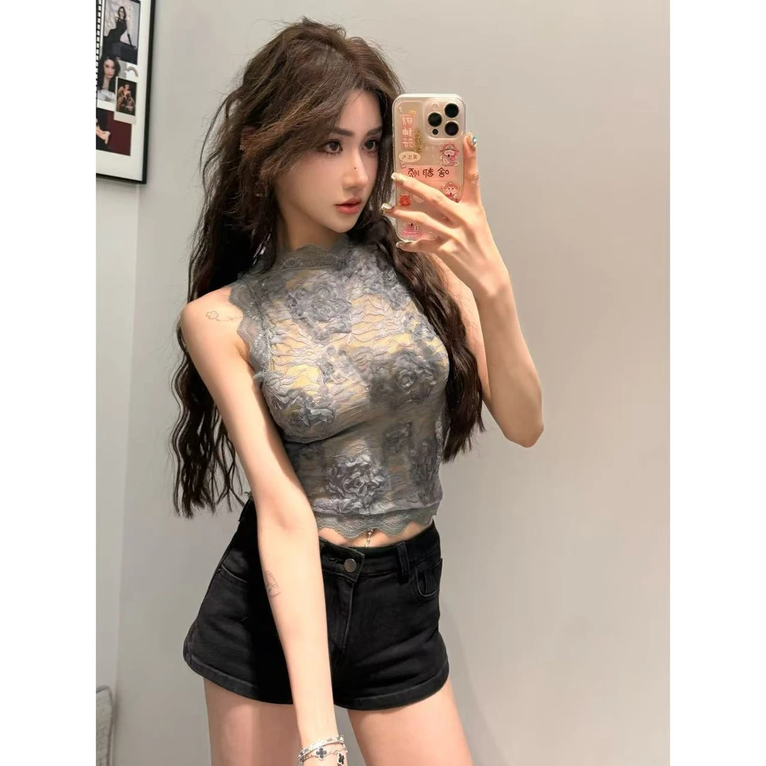 (浠儿姐姐)熟女风蕾丝盘花一字领无袖上衣夏季修身名媛风短款背心