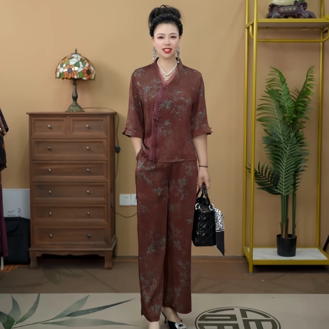 52261 新中式时尚套装复古休闲上衣气质阔腿印花提花裤子