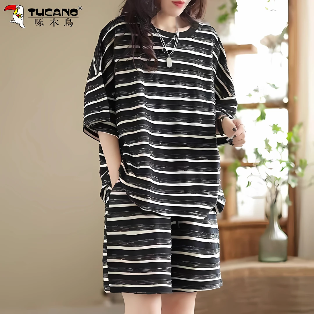 啄木鸟100%纯棉条纹套装女夏季大码女装宽松休闲短袖短裤两件套潮