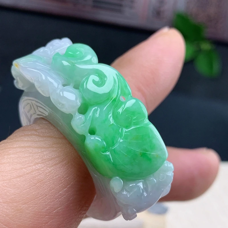 戒指内径22.5玉石缅甸天然A货翡翠绿色黄翡招财进宝貔貅扳指