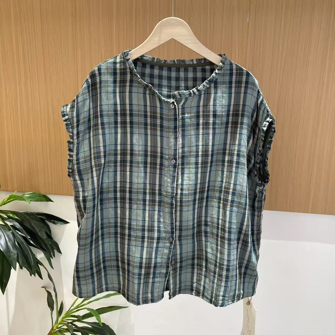 15873新款夏季休闲减龄宽松文艺花边格子衬衫
