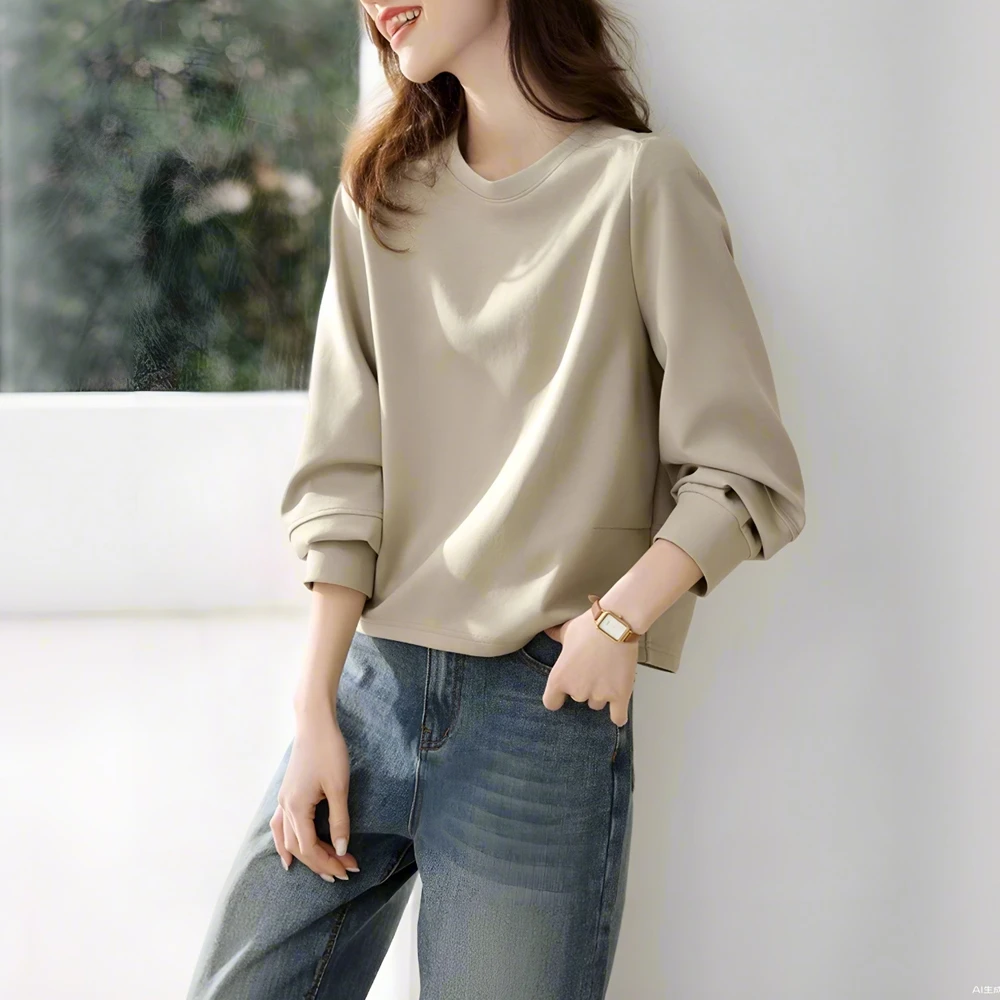 时尚分割剪裁休闲百搭圆领卫衣女2025春秋新款显瘦设计感棉质上衣