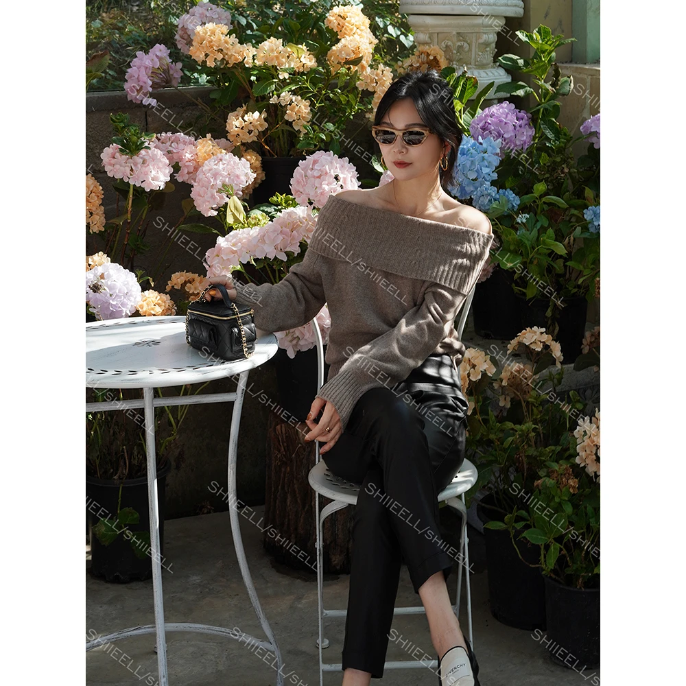 SHIIEELL新款设计师一字肩气质休闲时尚复古长袖百搭毛衫Z7332
