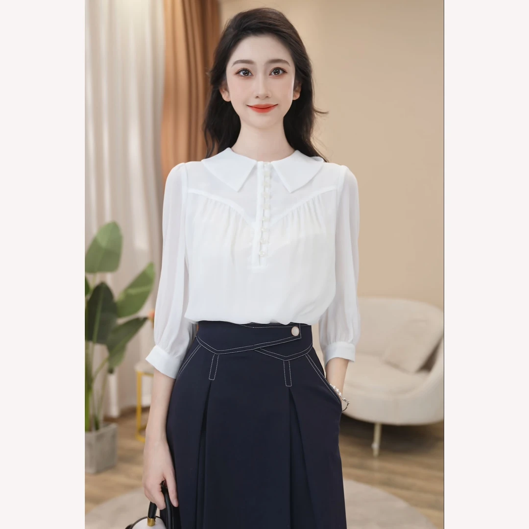 【曼贝】轻奢风短袖衬衫女时尚百搭设计感职业上衣8492272A【甜甜】