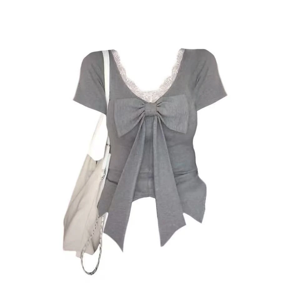 有莱头家蕾丝花边蝴蝶结短袖T恤收腰显瘦正肩上衣