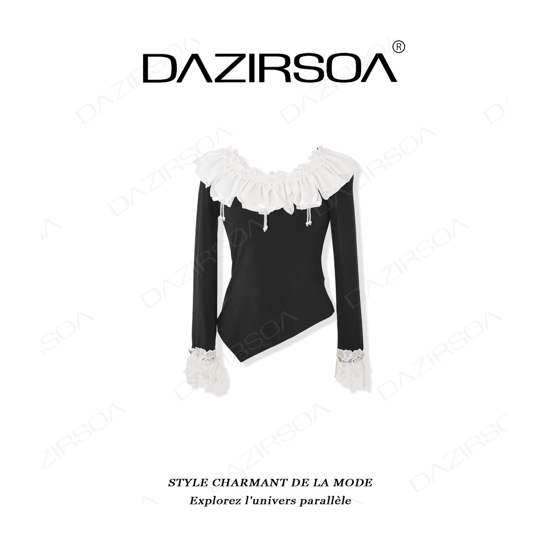 DAZIRSOA/达姿“玫瑰恋人”时尚百搭拼接蕾丝玫瑰花洋气上衣 X615