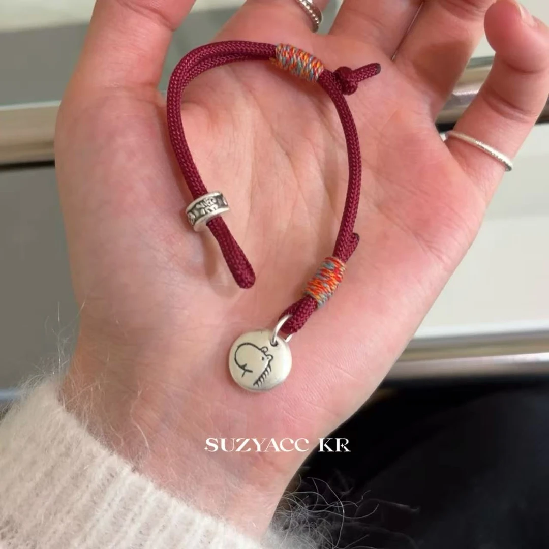 Suzyacc Kr 足银布艺手链 999银【生肖小马】圆牌小马红绳DC0344