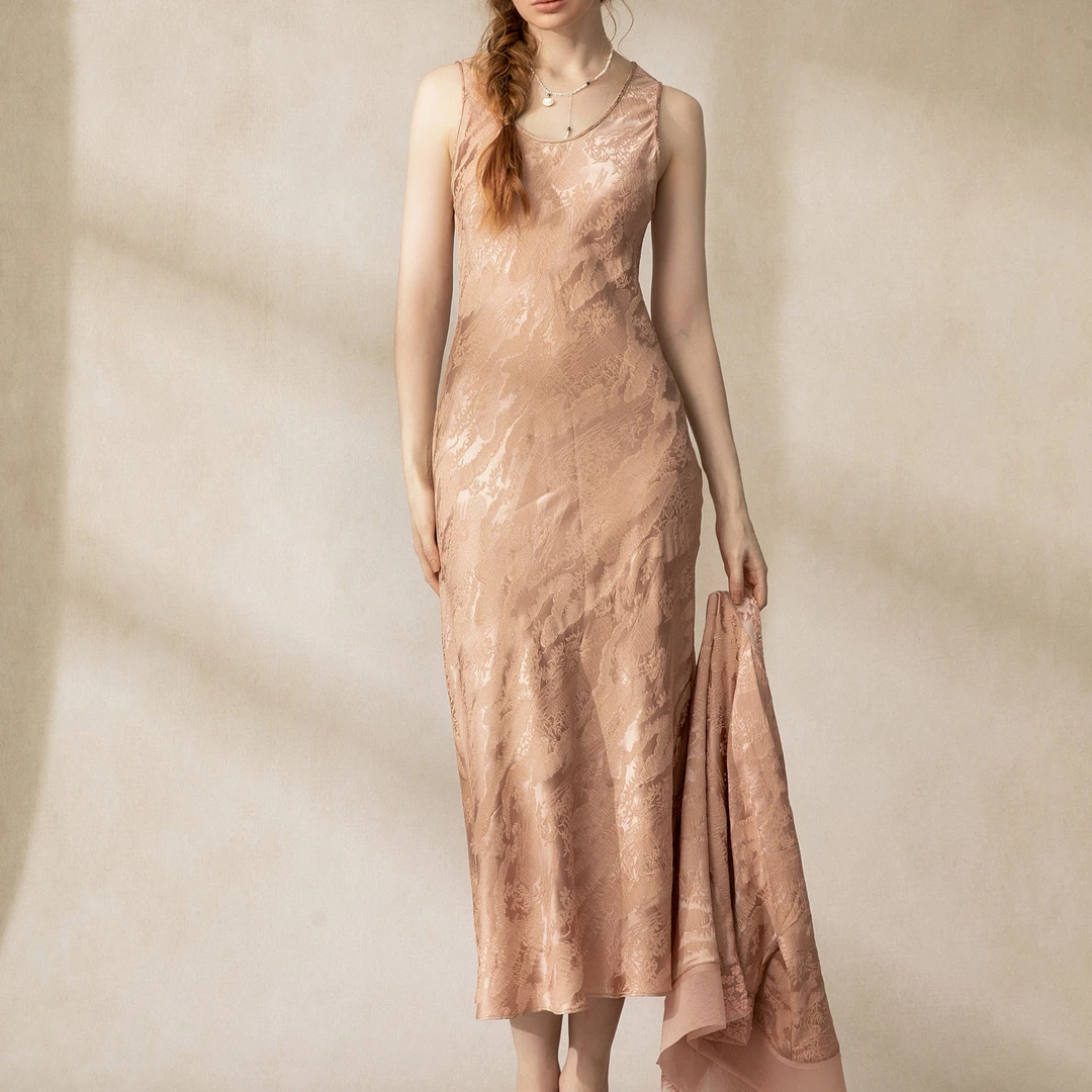 [68岁小姐姐]桑蚕丝法式重磅提花真丝气质无袖连衣长裙MHL62 5195