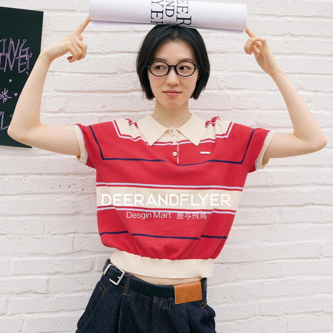 鹿与飞鸟“莓果红酒”柔软100棉料红色条纹针织上衣polo领T恤6761