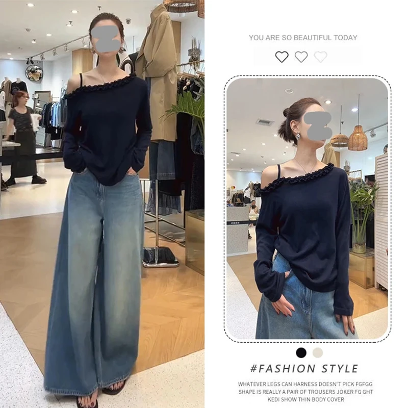 韩系气质斜肩长袖T恤女秋季新款时尚百搭修身露肩内搭打底衫上衣