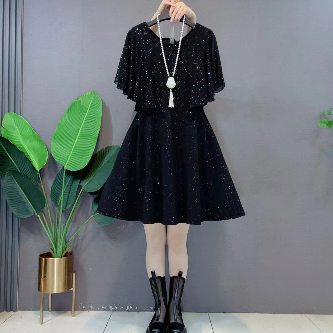 欧货V领短袖收腰法式气质赫本风洋气夏季黑色裙子飞飞袖连衣裙