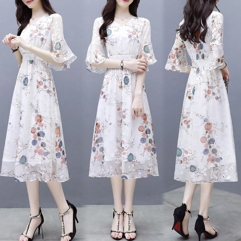 小香风碎花旗袍印花遮肚连衣裙裙子中长裙修身长裙中长款短袖夏季