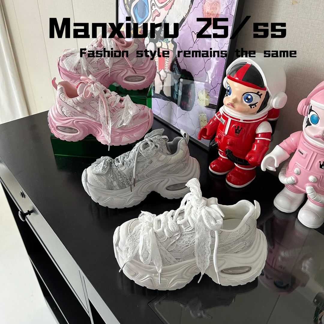 【曼曼】欧货“小婚纱”芭蕾风蕾丝厚底小个子7cm小飞尾透气老爹鞋女