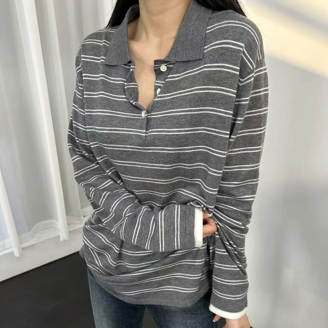 Sinbar Farm 新款男友风条纹翻领polo宽松针织长袖女