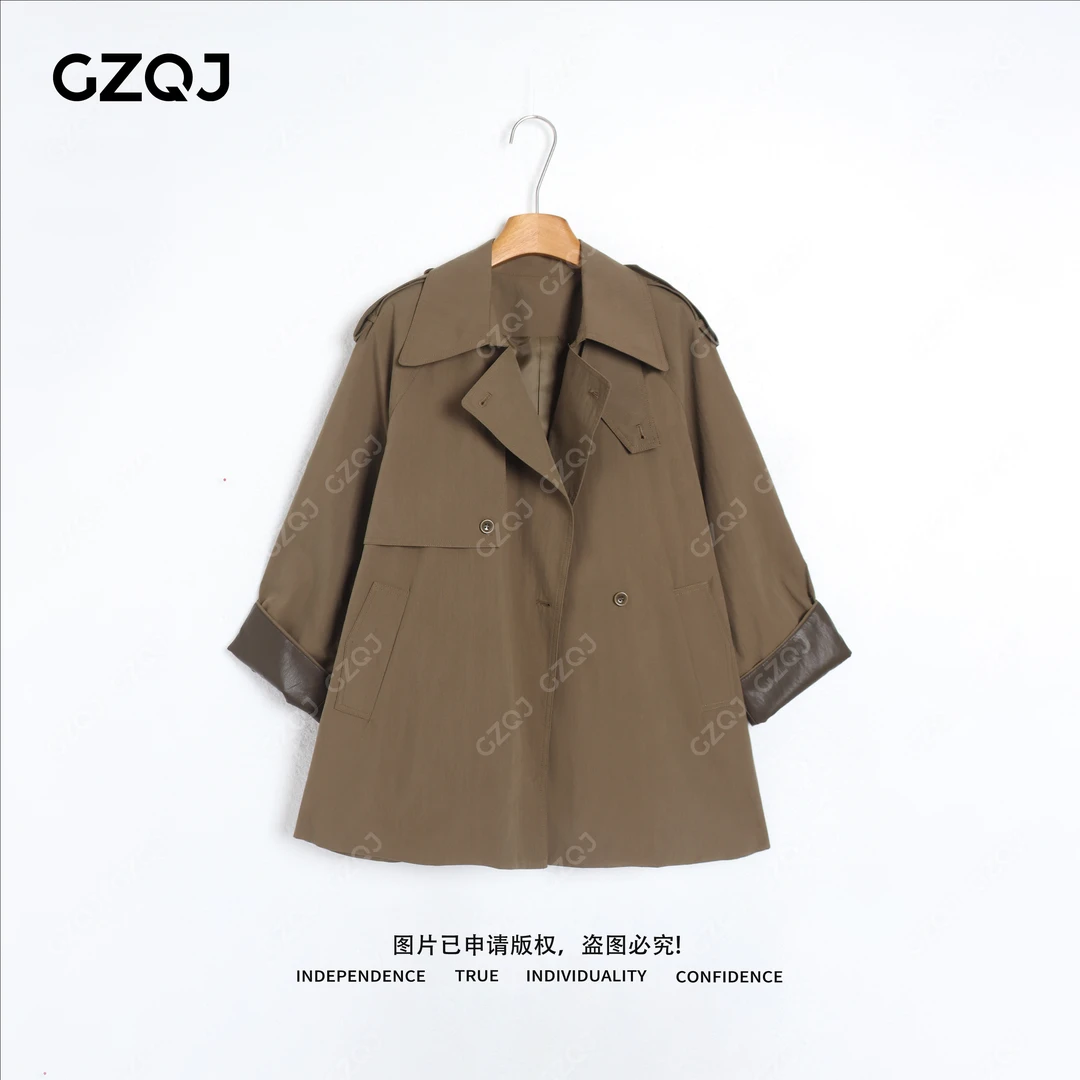 老琴私服【巴黎时刊】韩系复古拼色翻领风衣长袖外套女秋9804