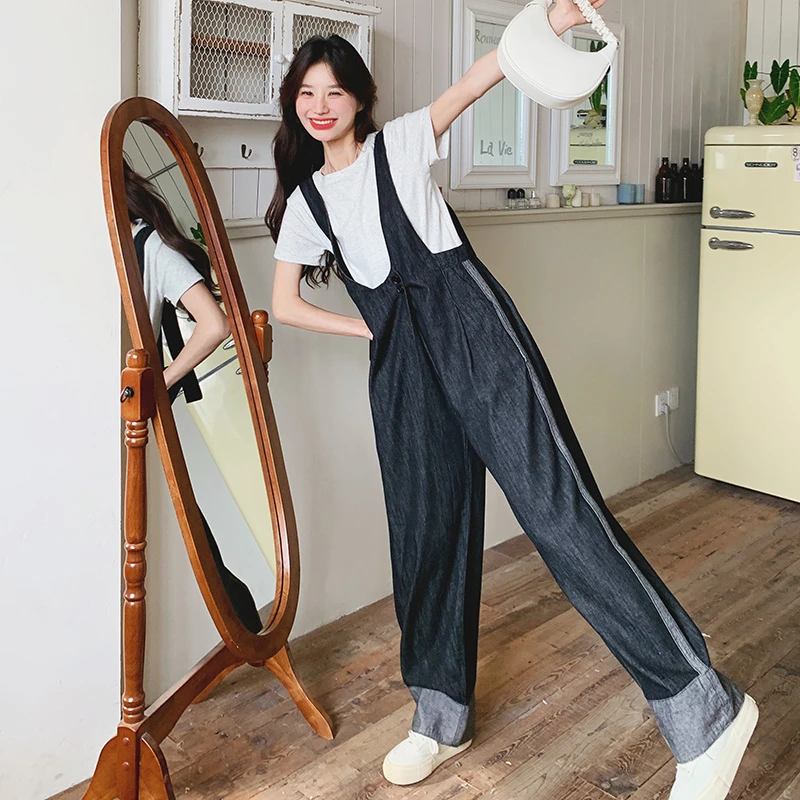 时尚套装牛仔连体背带裤女2025新款春夏季休闲宽松韩版显瘦两件套
