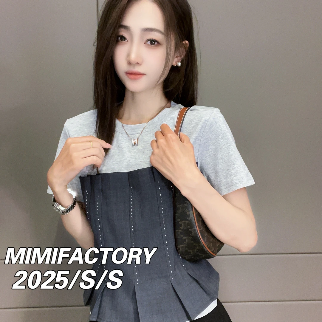 芈芈2025新款短袖撞色拼接假两件T恤女修身显瘦时尚百搭上衣3010#