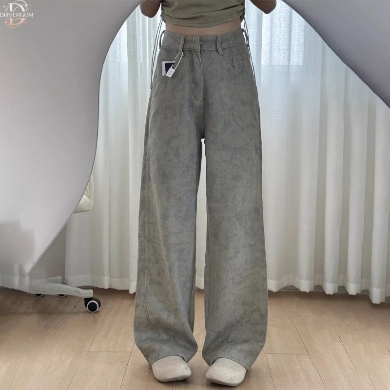 复古高腰阔腿牛仔裤女夏薄款2025新款扎染纯欲酷飒慵懒风直筒裤