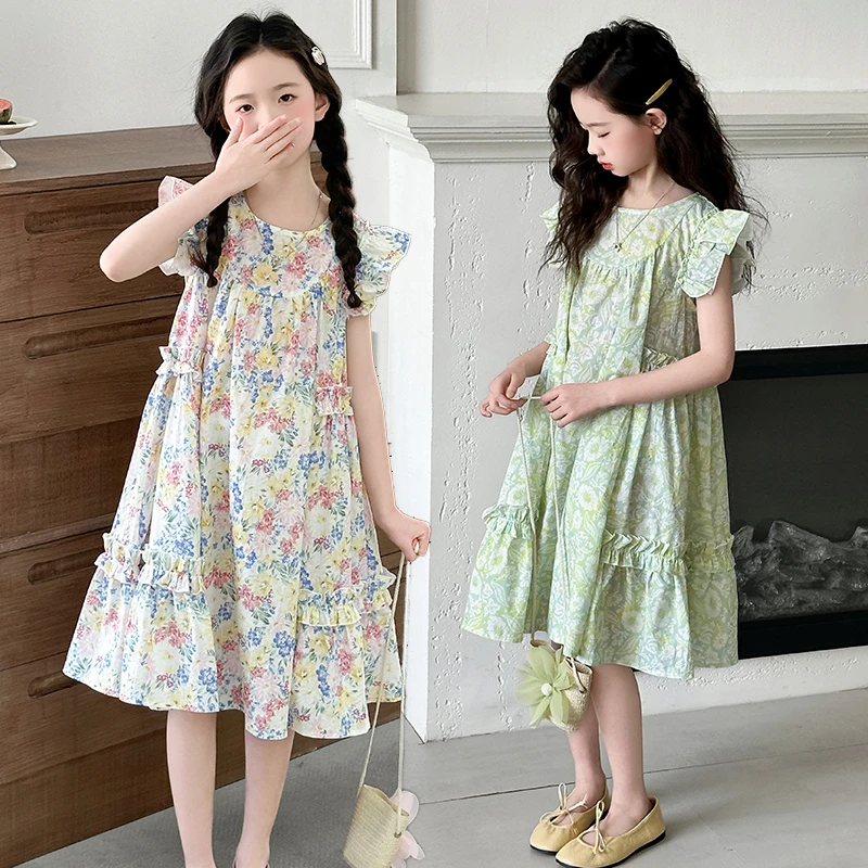 女童飞袖连衣裙夏季2025新款洋气女孩碎花裙子大儿童装时尚公主裙