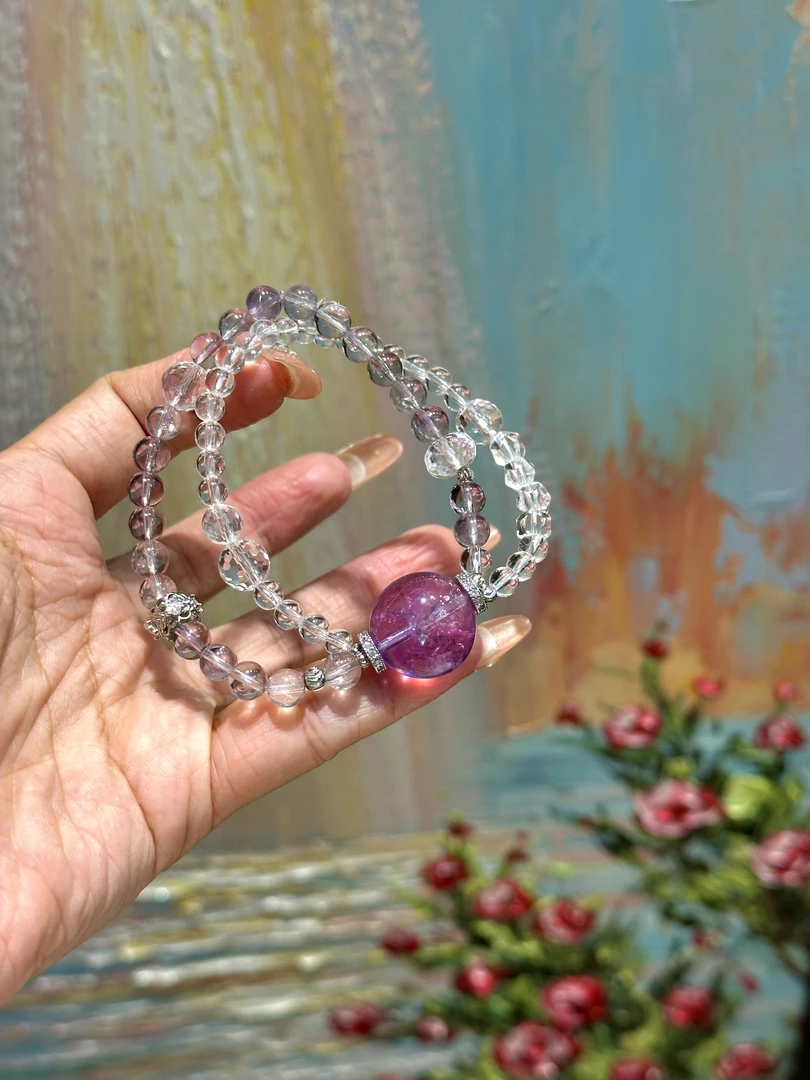 天然紫水晶白水晶双圈手串 多样性发一 Z14