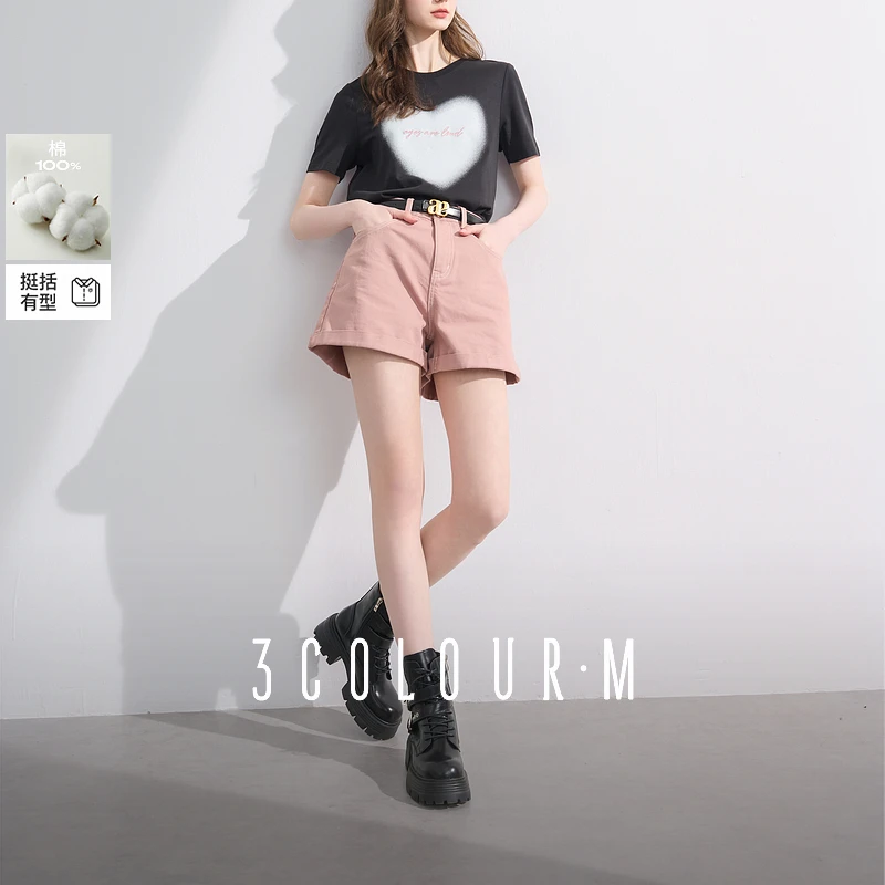 三彩2025夏季新款洋气收腰牛仔裤短裤翻边直筒裤显瘦热裤时尚女M