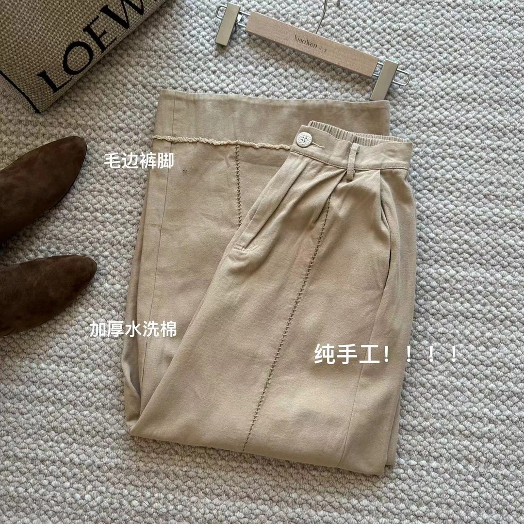 小文姐 W0532-复古休闲压褶皱毛边洗阔腿裤宽松显瘦休闲大脚裤