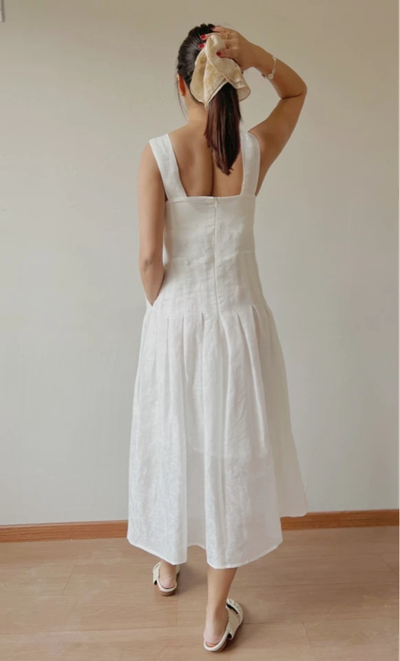 气质V领丝麻吊带连衣裙女收腰显瘦长款大裙摆蓬蓬裙