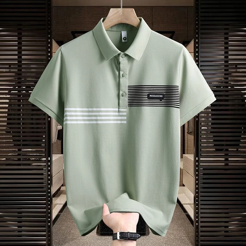 时尚男条纹宽松t恤夏季2025新款翻领polo衫男装珠地棉T上衣服