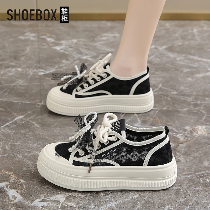 SHOEBOX鞋柜蕾丝珍珠透网帆布鞋女夏季透气小香风休闲黑色板鞋