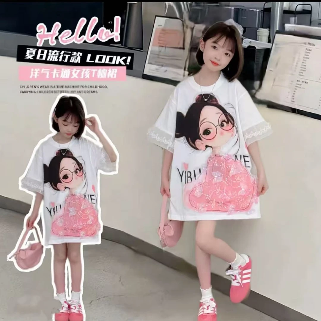 女童夏甜美蕾丝花边袖口宽松T恤裙短袖拼接刺绣小女孩洋气套装夏