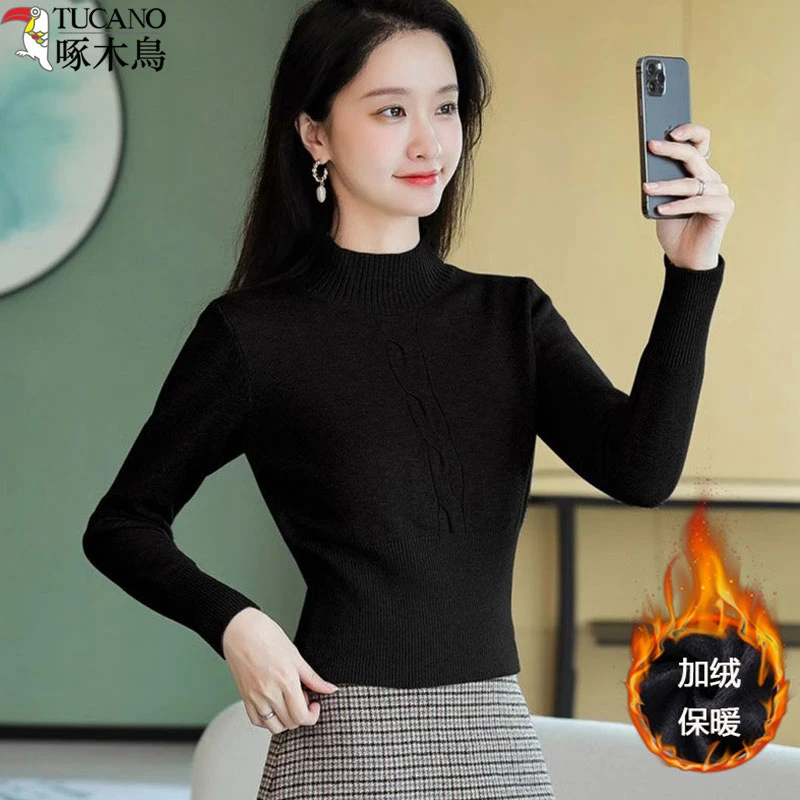 啄木鸟秋冬新款加绒毛衣女时尚黑色半高领打底衫保暖内搭修身上衣