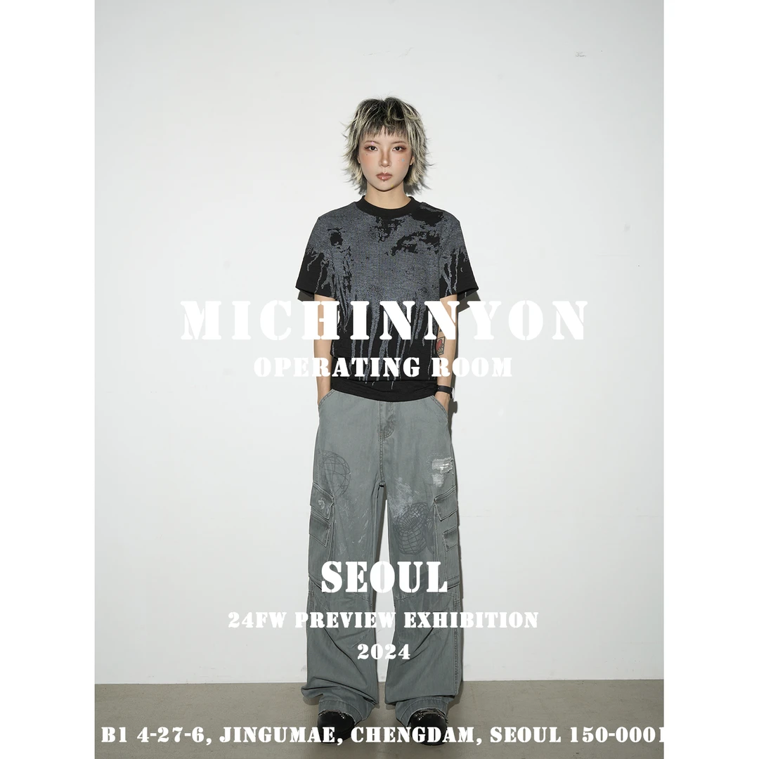 MICHINNYON「多口袋磨破设计」美式直筒工装裤印花宽松休闲裤女