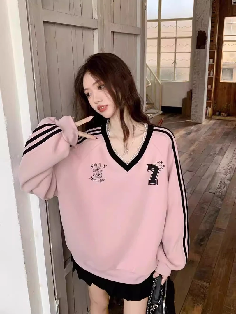 美式印花V领长袖卫衣女春秋甜美宽松蕾丝拼接设计感休闲ins上衣潮