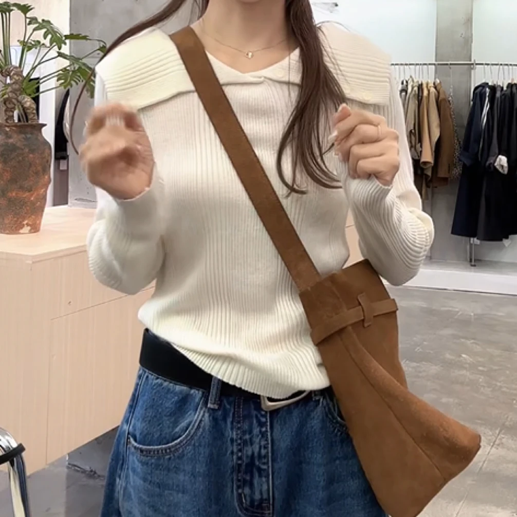 氛围感设计感纽扣大翻领针织衫女2025新款秋季百搭纯色套头上衣