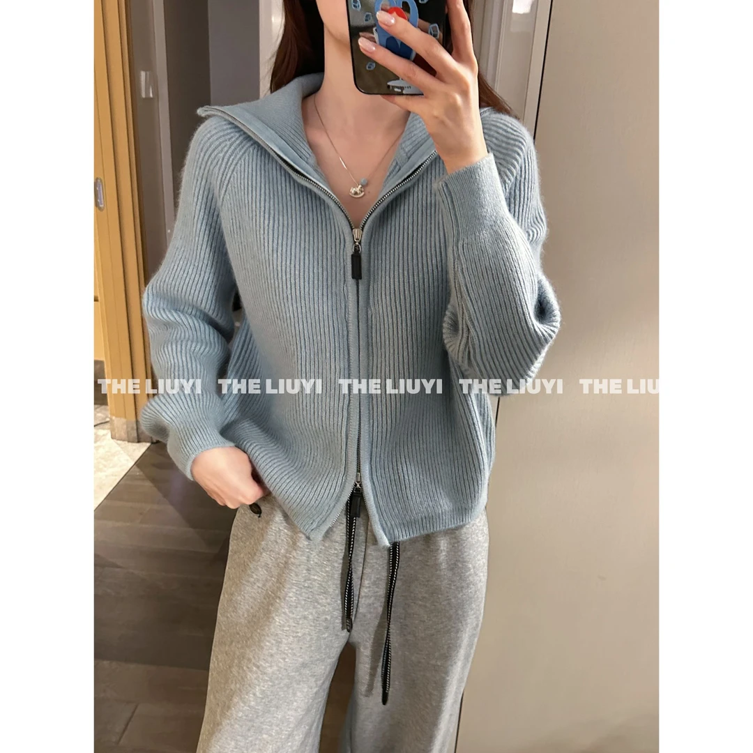 【LIUYI】雪花酥~冬季坑条加厚拉链翻领毛衣外套51091