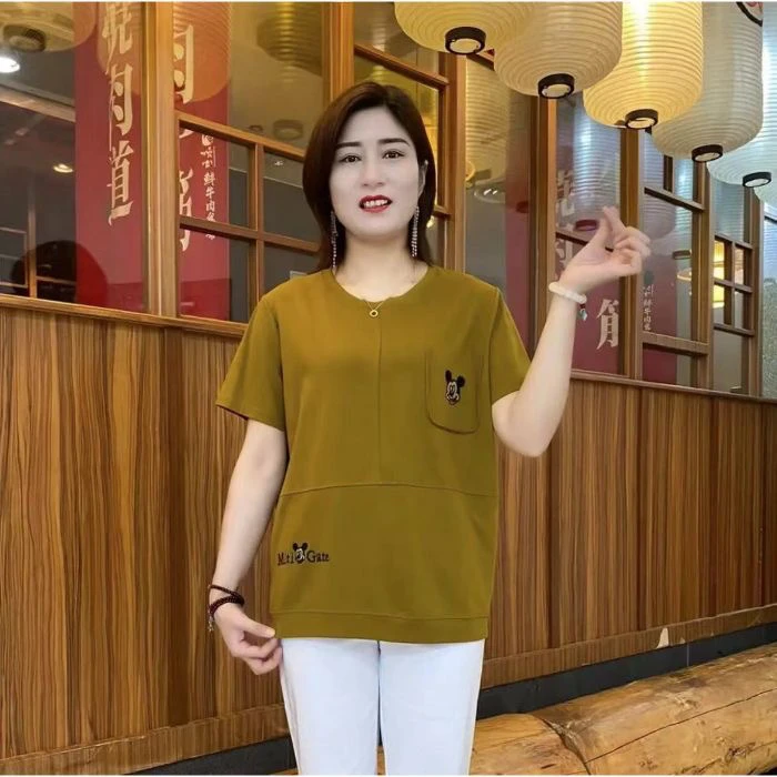 极简风圆领宽松型简约通勤T恤夏季夏装宽松遮肚套装中年大码