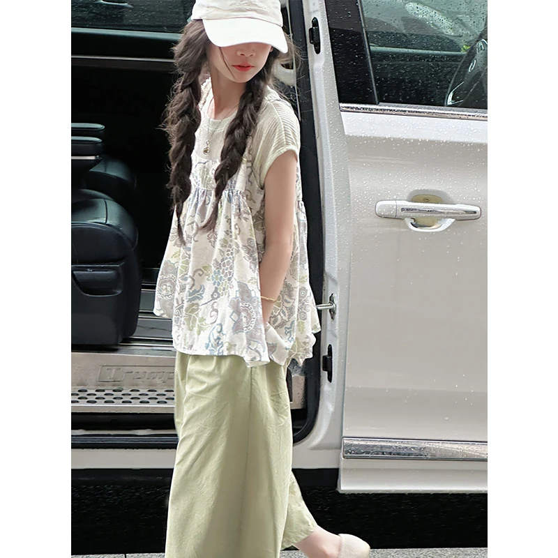K29232韩系女童碎花套装2025夏装新款儿童短袖三件套休闲吊带裤子