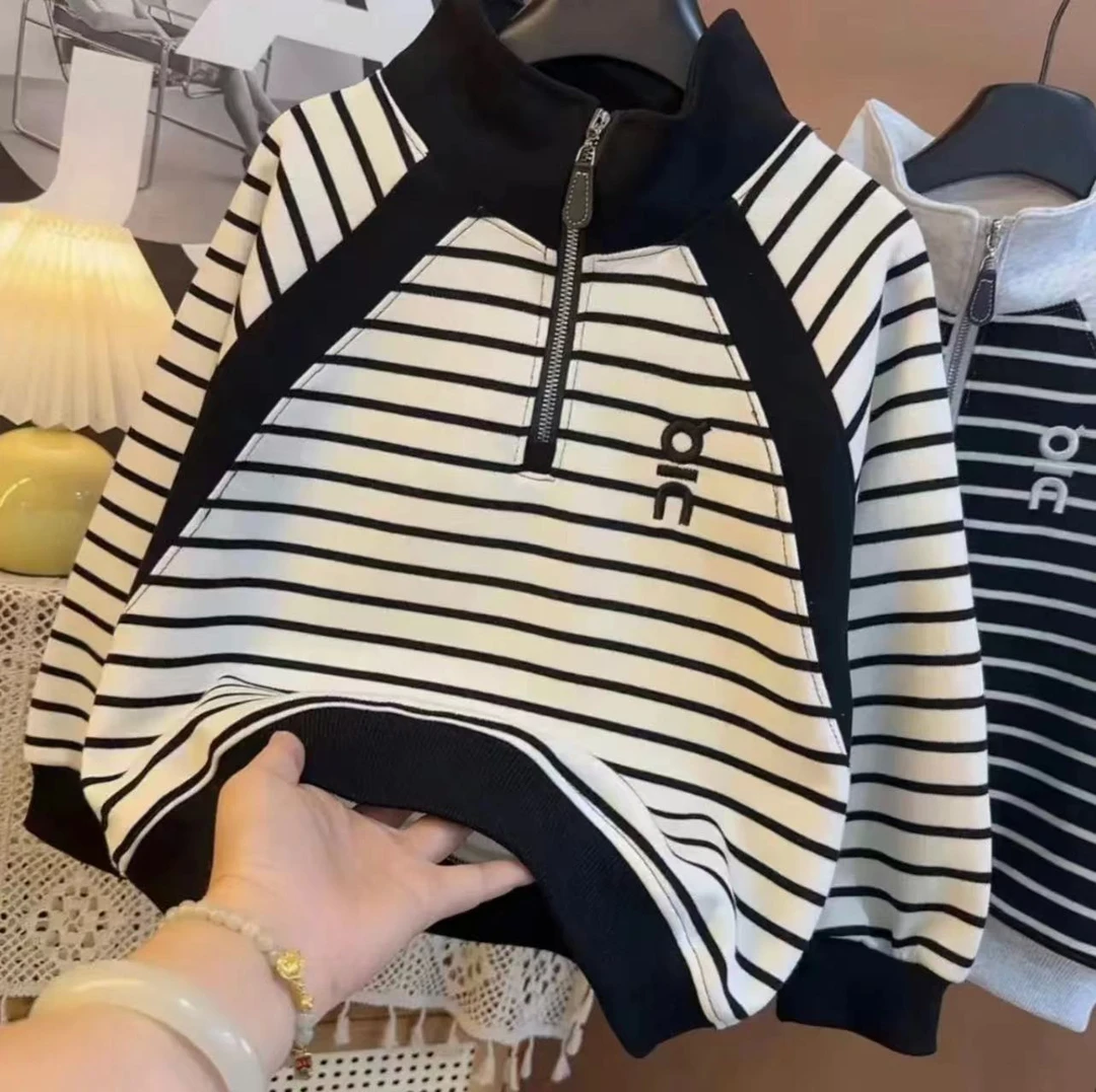 百搭时髦～新款洋气条纹字母设计中大童拼接百搭卫衣潮