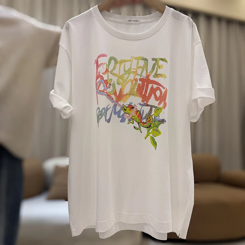 zaw大码女装印花短袖T恤女显瘦遮肚子减龄洋气胖mm上衣/25340