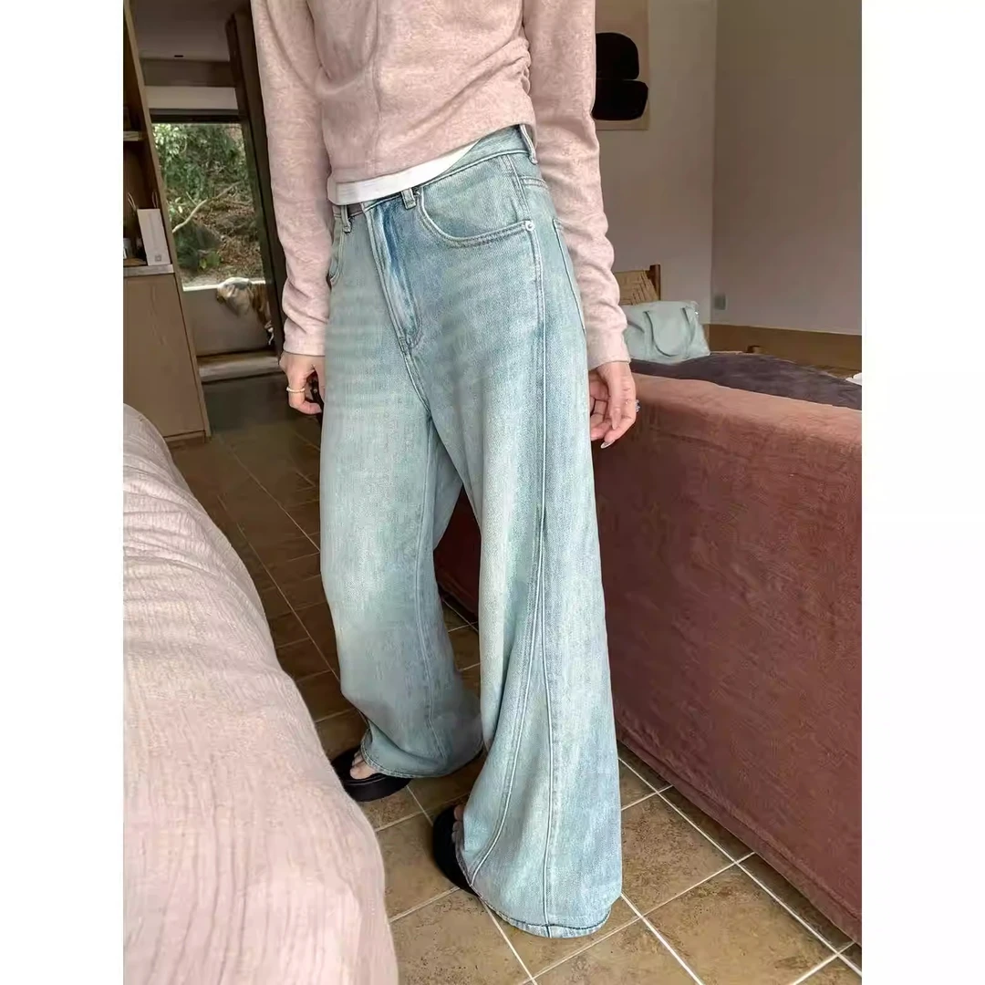 秋季新款蓝色宽松显瘦休闲百搭小清新微喇牛仔裤女设计感阔腿裤子