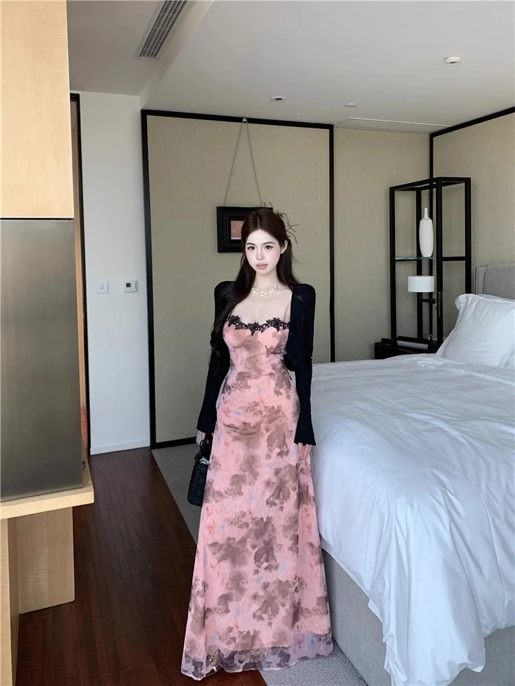 大码胖MM法式复古收腰吊带连衣裙子女夏季度假风收腰气质碎花长裙