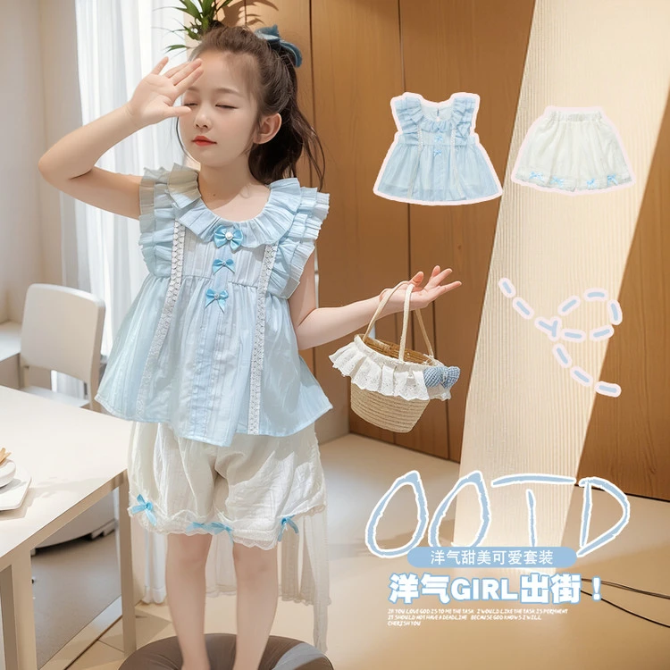 女童无袖套装夏季2025新款儿童洋气时髦小童甜美女宝花苞短裤夏装