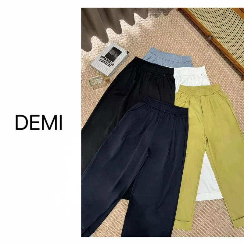 MISS RUILI 定制   韩版夏季高腰薄款直筒卷边休闲长裤F0595