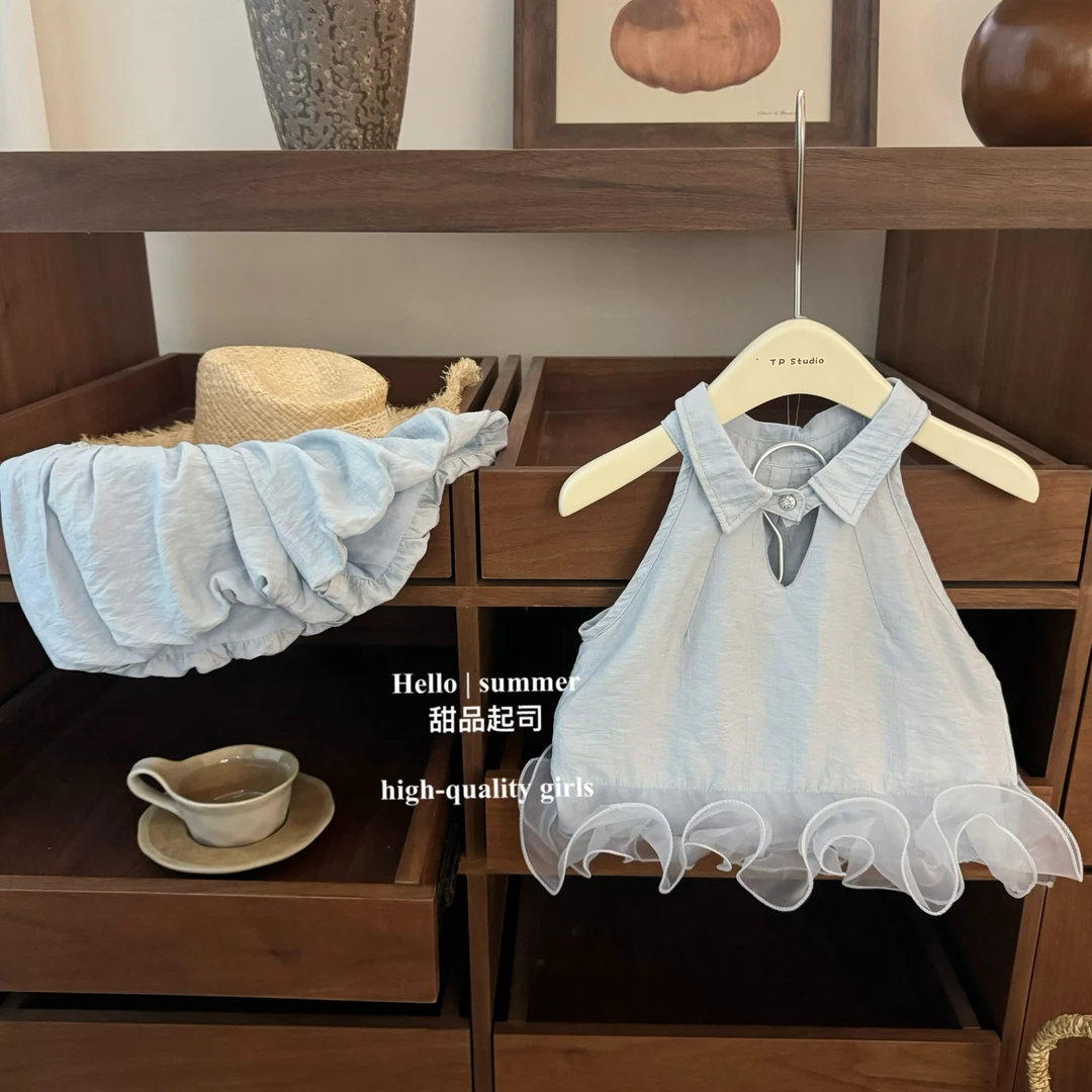 【甜品起司】小清新！韩系女宝宝设计感木耳边挂脖上衣花苞裤套装潮