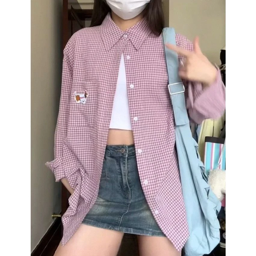 韩系复古粉色格子衬衫女腊肠狗长袖衬衣外套宽松慵懒风刺绣上衣潮