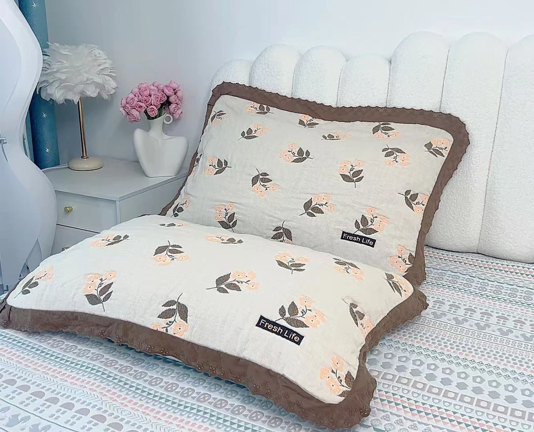 泡芙纱布枕巾情侣四季卡通可爱枕头巾宿舍花边78*53