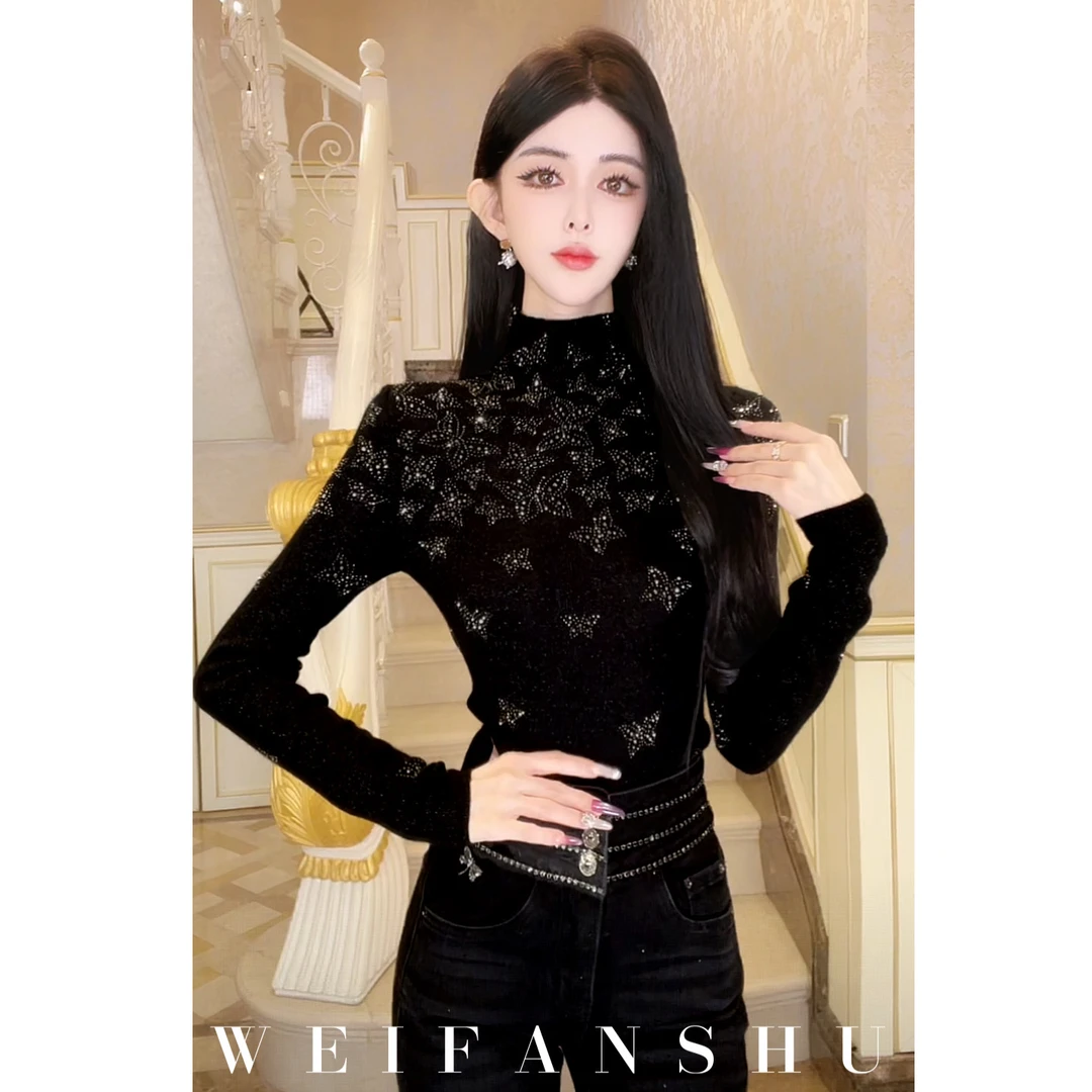 WEIFANSHU/魏凡舒【爆闪蝶】秋冬新款蝴蝶烫钻重工显瘦羊毛打底上衣