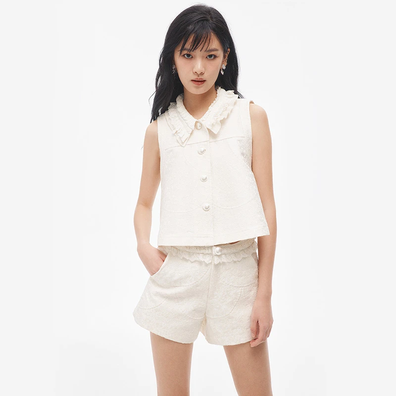 LE FAME/拉飞姆2025夏季新品时尚翻领绣花白色短款马甲