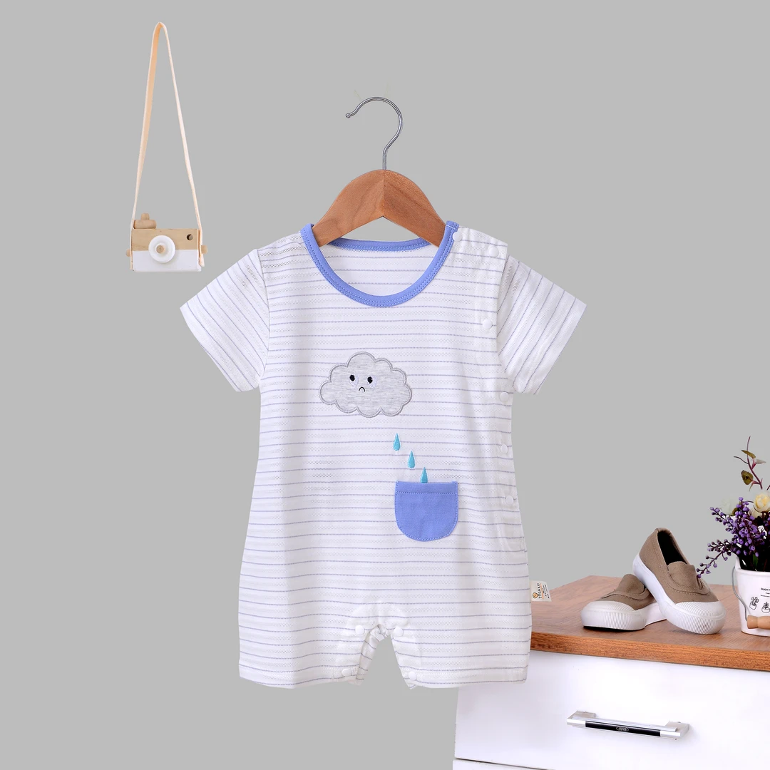 夏季婴幼儿宝宝透气条纹纯棉连身衣新生儿婴儿薄款半袖爬服云朵