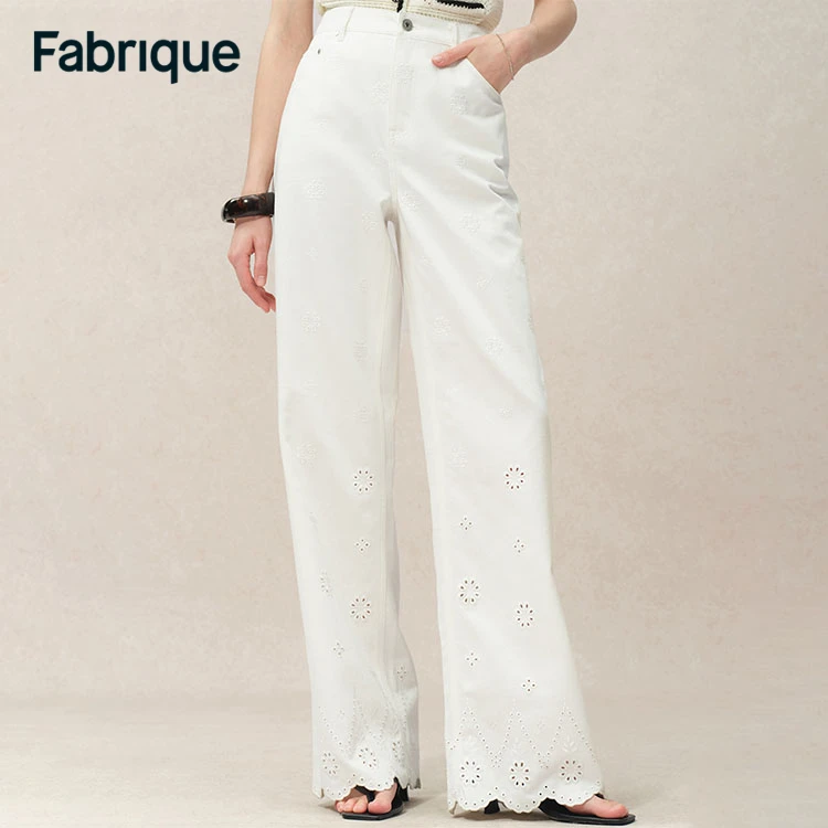 Fabrique春夏新款重工刺绣花朵镂空直显瘦筒牛仔裤